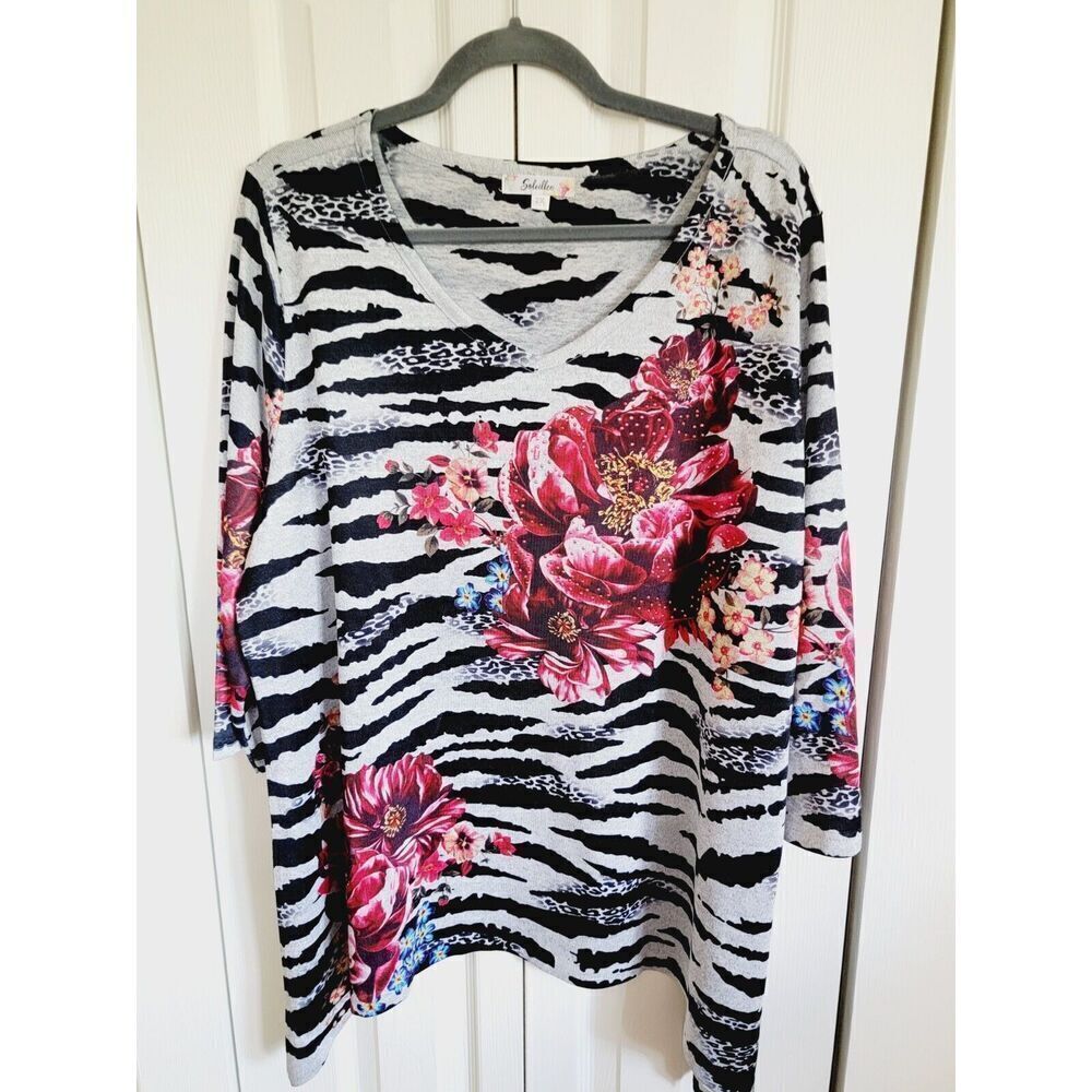 Soleillee 2X Multicolor Floral‎ Long Sleeve Top Blouse Animal Print Beaded